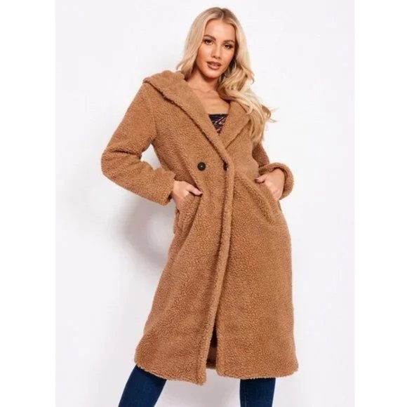 Brown Long Sleeve Hooded Hoodie Long Maxi Borg Teddy Bear Fur Coat - Picture 10 of 15